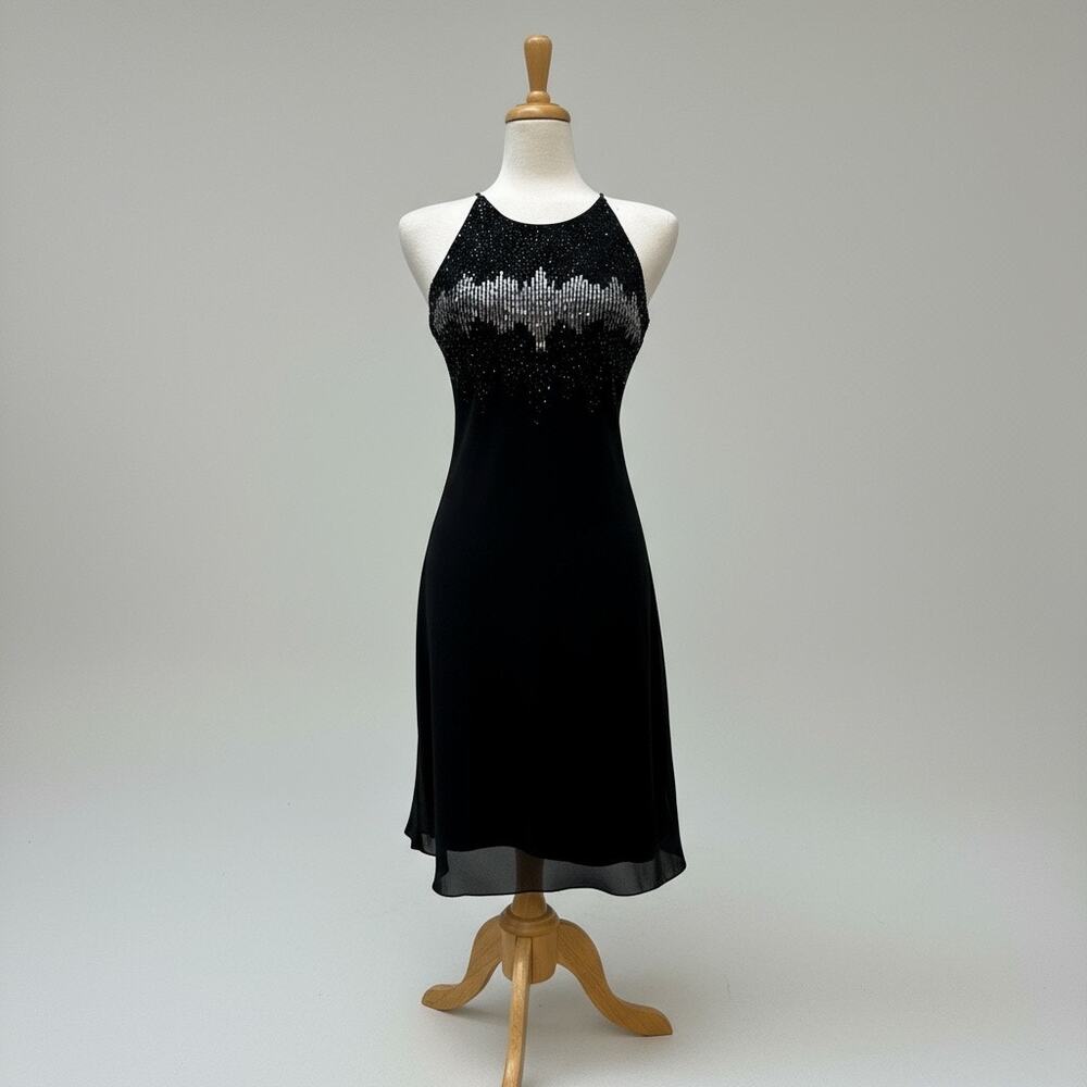 VTG Cachet Cocktail Dress 8 Black Silver Beaded Halter Midi Disco Whimsigoth Y2K